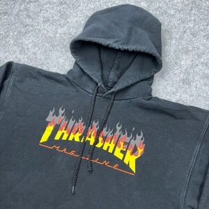 Thrasher Hoodie Mens Medium Black‎ Skater Grunge Goth Punk Flames Sweatshirt Y2K